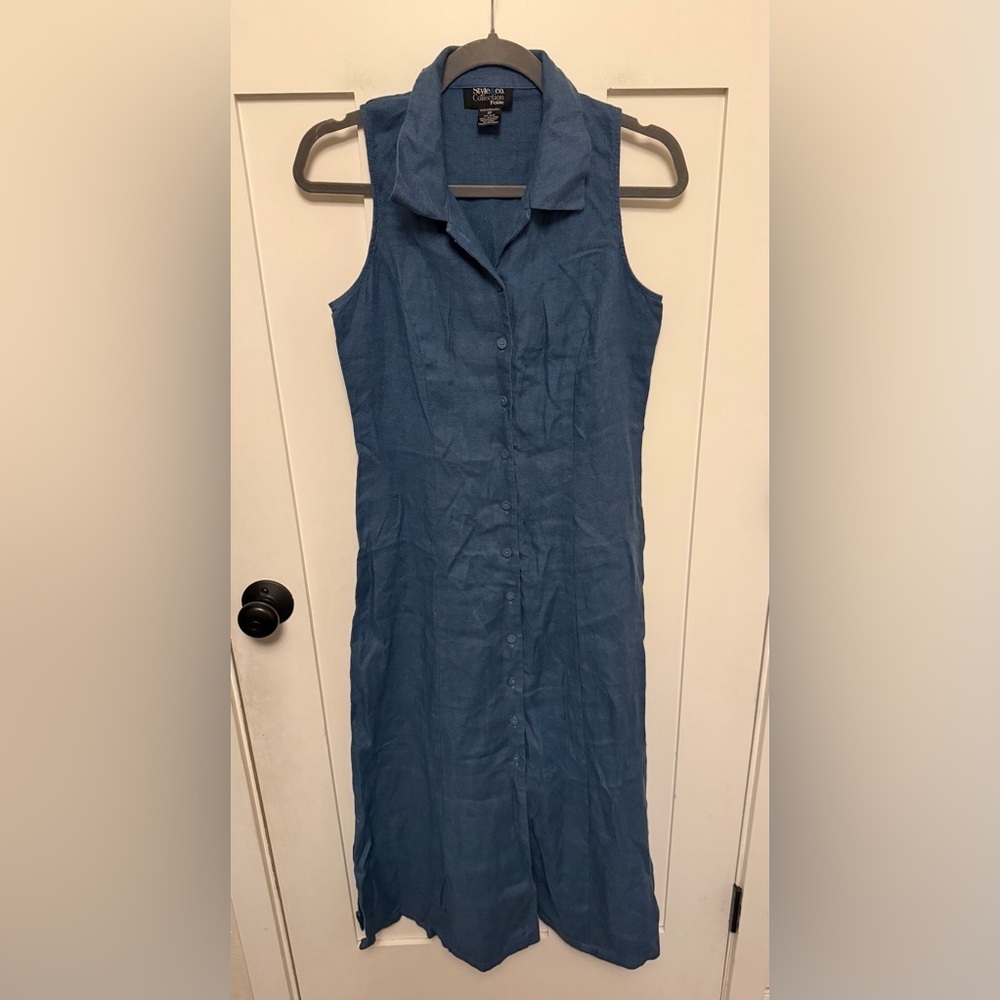 Style & Co 100% Linen button Down Blue Sleeveless Collared Dress 8 petite